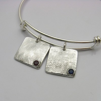 Silver Square Fingerprint with Birthstone Charm Bangle Bracelet, Fingerprint Jewelry, Birthstone Jewelry, Fingerprint and Birthstone