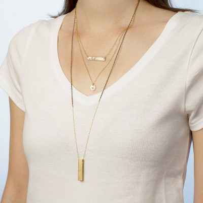 Long layered necklaces  - set of 3 layering necklaces - personalised initial necklace - hammered gold bar - long pendant necklace