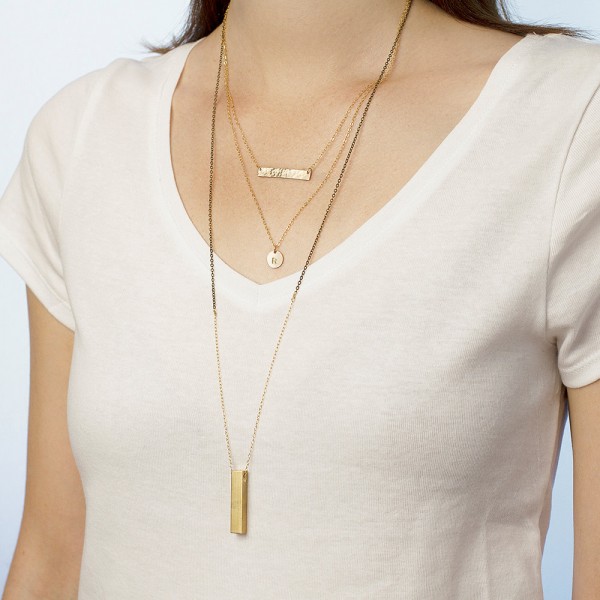 Long layered necklaces  - set of 3 layering necklaces - personalised initial necklace - hammered gold bar - long pendant necklace
