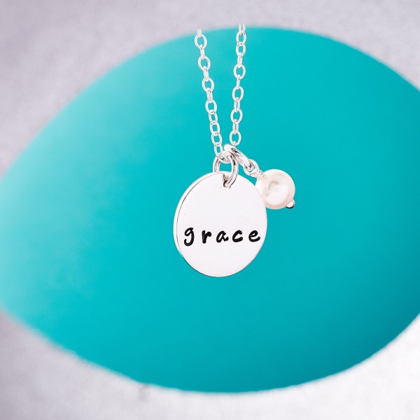 Hand Stamped Name Disc with Pearl - Single Name Disc - Personalised Single Name Necklace - Sterling Silver Name Necklace with White Pearl