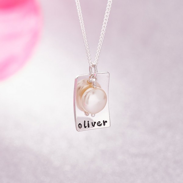 Personalised Name Necklace with Coin Pearl - Single Name Necklace - New Mum Necklace - New Baby Necklace - Hand Stamped Name Necklace