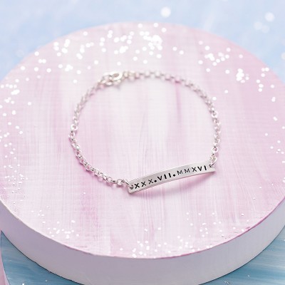 Roman Numerals Date Bracelet in Sterling Silver - Wedding Bracelet - Personalised Bar Bracelet - Custom Stamped - Save the Date