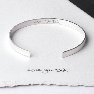 Men's Slim Personalised Cuff Bracelet - actual handwriting engraved cuff - sterling silver bangle - gift for dad - child's handwriting