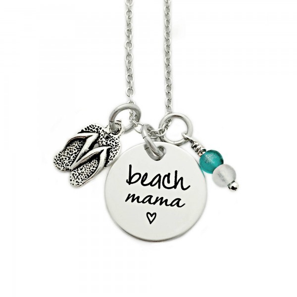 Beach Mama Necklace - Engrave Jewelry - Beach Jewelry - Flip Flop - Sea Glass - Summer Beach Jewelry - Beach Girl - Personalized Gift - 1182