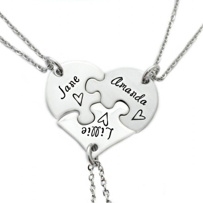 Best Friends Sisters Puzzle Piece Heart Necklace Set of 3 - Engraved Jewelry - Best Friends Necklace - Friends Puzzle Gift Set - Sis - 1184