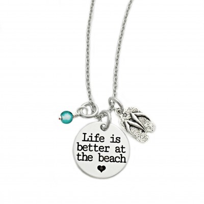 Life is Better at the Beach Necklace - Engraved Jewelry - Beach Jewelry - Flip Flop - Turquoise Sea Glass - Summer Beach Jewelry - 1372
