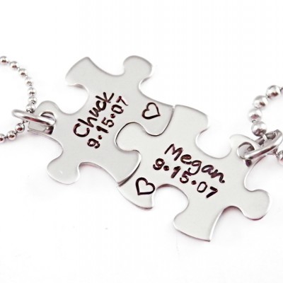 Personalized Couple Puzzle Piece Set - Engraved Jewelry - Personalized Anniversary Gift - Name Date - Puzzle Jewelry Set - For Him - 1401