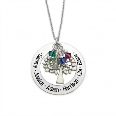 Personalized Family Tree Birthstone Necklace - Mothers Day - Gift for Mom - Engraved Jewelry - Gift for Mom - Mother Jewelry - Washer - 1188