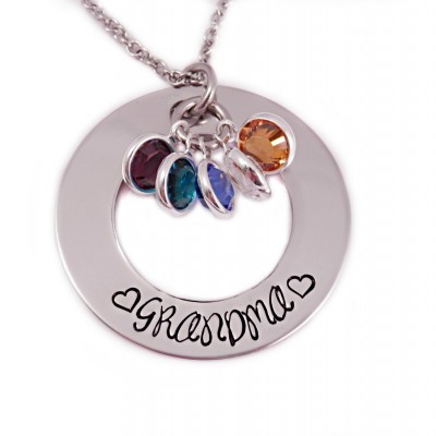 Personalized Grandma Birthstone Necklace - Mothers Day - Engraved Necklace -Gift for Grandma Nana Mimi - Washer Birthstone Necklace - 1362