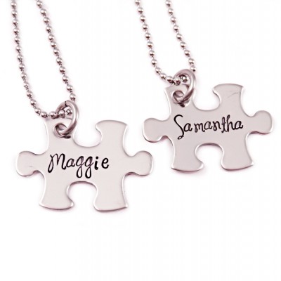 Personalized Mini Puzzle Piece Necklace Set- 2 Puzzle Pieces - Engraved Puzzle Piece Necklaces Set of 2 - Best Friends - Sisters - D/c