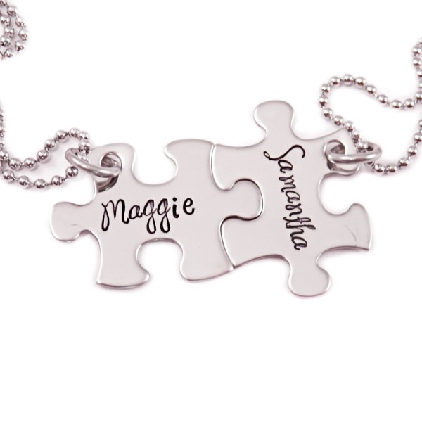 Personalized Mini Puzzle Piece Necklace Set- 2 Puzzle Pieces - Engraved Puzzle Piece Necklaces Set of 2 - Best Friends - Sisters - D/c