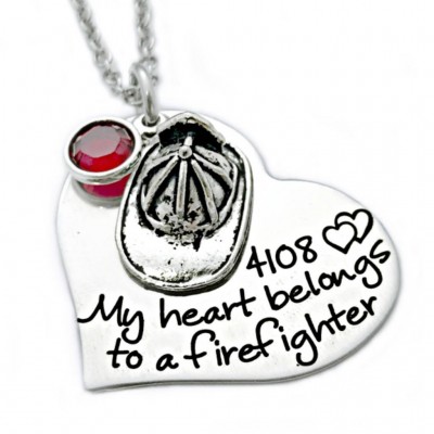 Personalized My Heart Belongs To a Firefighter - Engraved Steel Heart Necklace - Fireman - Firefighter Necklace - Anniversary - 1106