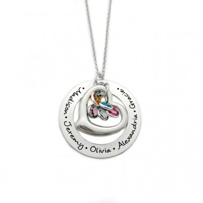 Personalized Washer and Heart Birthstone Necklace - Heart Birthstones - Gift for Mom - Gift for Grandma - Engraved Jewelry - 1415