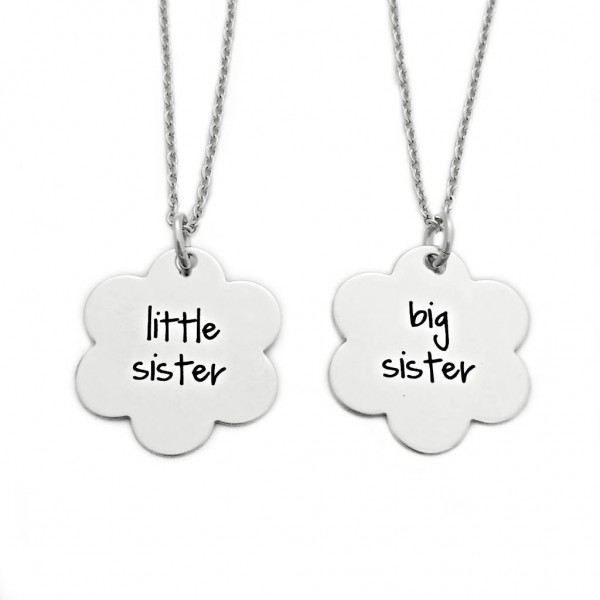 Sister Necklace Set - Flower Necklace - Engraved Jewelry - Stainless Steel- Gift for Girls - Sisters - Big Sister Little Sister - 1387