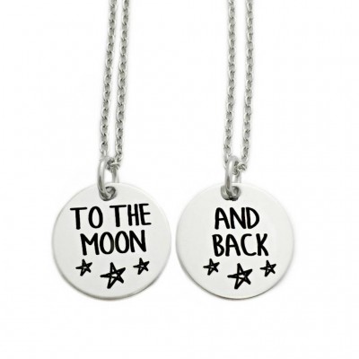 To The Moon And Back Necklace - Set of 2 - Engraved Stainless Steel - Couple Necklace - Mother And Child - Best Friends - 1391