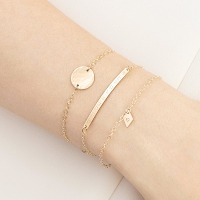 Personalised Gold Fill Stacking Bracelet Set - skinny bar bracelet - disc bracelet - silver initial bracelet - dainty bracelets - name bar