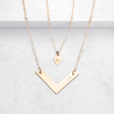 Personalised diamond and chevron necklace set - gold layering necklaces - personalised bar necklace - gold chevron necklace