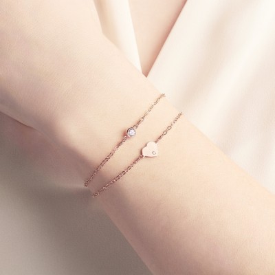 Rose Gold Heart Bracelet Set - stacking bracelets - dainty initial bracelet - gift for her - personalised bracelet - gift for girlfriend