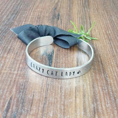 Crazy Cat Lady Gift, Gifts For Cat Lovers, Hand Stamped Cuff Bracelet,