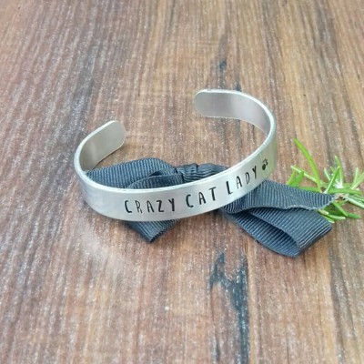 Crazy Cat Lady Gift, Gifts For Cat Lovers, Hand Stamped Cuff Bracelet,