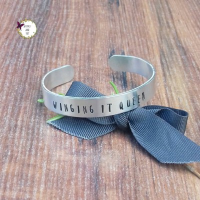 Funny Gifts For Her, Winging It Queen, Personalised Jewellery, Hand Stamped Cuff Bracelet,