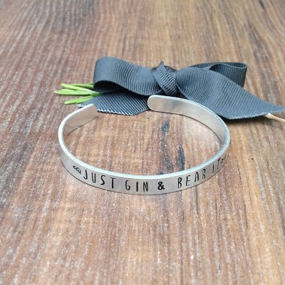 Gin Gifts, Gin and Bear It Gifts, Custom Design Jewellery, Hand Stamped Cuff Bracelet, Secret Santa Gifts,
