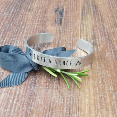 Grit and Grace Bracelet, Gifts For Strong Women, Inspirational Words Gift, Crown Bracelet, Hand Stamped Cuff,