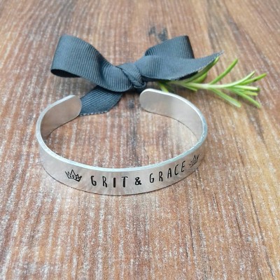 Grit and Grace Bracelet, Gifts For Strong Women, Inspirational Words Gift, Crown Bracelet, Hand Stamped Cuff,