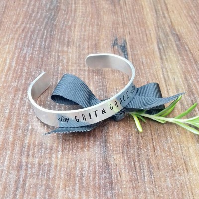 Grit and Grace Bracelet, Gifts For Strong Women, Inspirational Words Gift, Crown Bracelet, Hand Stamped Cuff,