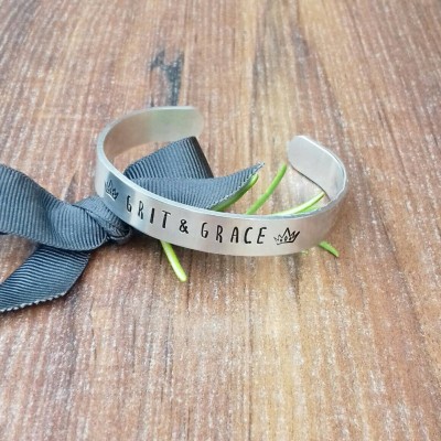 Grit and Grace Bracelet, Gifts For Strong Women, Inspirational Words Gift, Crown Bracelet, Hand Stamped Cuff,