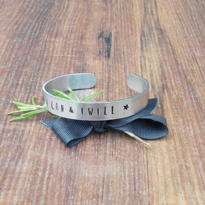 I Can & I Will, Motivational Gift, Exam Gift, Hand Stamped Cuff Bracelet,