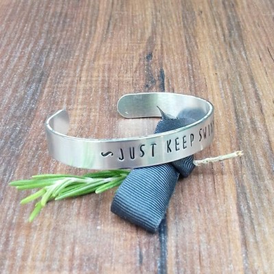 Just Keep Swimming, Gifts For Teens, Hand Stamped Cuff Bracelet, Gifts For Swim Teachers, Motivation Gifts,