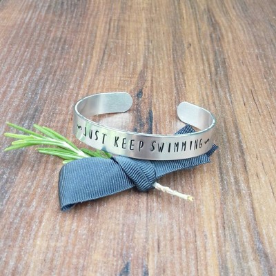 Just Keep Swimming, Gifts For Teens, Hand Stamped Cuff Bracelet, Gifts For Swim Teachers, Motivation Gifts,