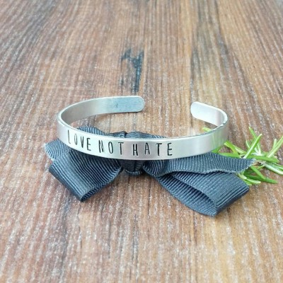Love Not Hate Bracelet, Peace Sign Jewellery, Hand Stamped Cuff Bracelet,