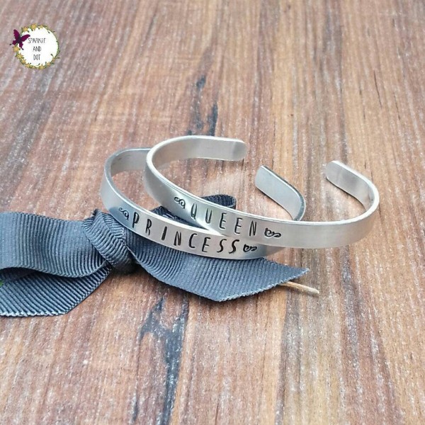 Mummy and Daughter Gifts, Matching Bracelet Set, Queen and Princess, Hand Stamped Cuff Bracelet,