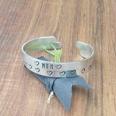 Stacking Bracelet Set, Birthday Gifts For Mum, Hand Stamped Cuff Bracelet, Mother's Day Jewellery Gifts, Stackable Heart Bracelets,