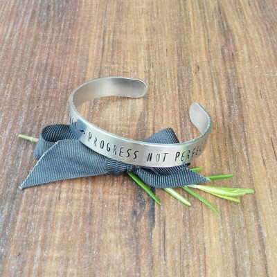 Weight Loss Bracelet, Life Goals, Progress Not Perfection, Hand Stamped Stacking Bracelet,