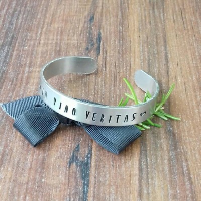 Wine Lover Gift, Fun Friends Birthday Gift, Quotes About Wine, Hand Stamped Cuff Bracelet, In Vino Veritas,
