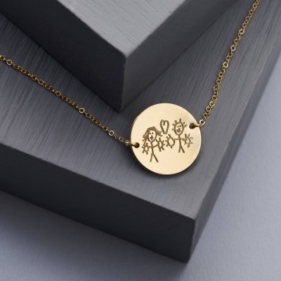 Actual Handwriting Disc Necklace - Personalised Necklace - Disc Necklace - Child's Drawing Necklace - Gold Filled NDH02