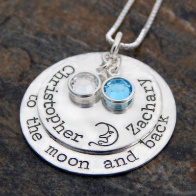 Mom Necklace with Kids Names Birthstones - To The Moon and Back Sterling Silver Necklace - Christmas Gift for Mom - Mother's Necklace