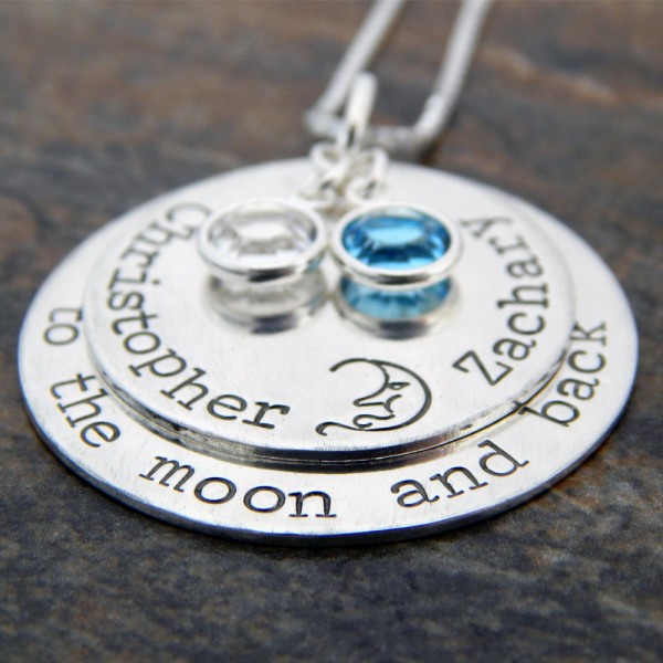 Mom Necklace with Kids Names Birthstones - To The Moon and Back Sterling Silver Necklace - Christmas Gift for Mom - Mother's Necklace