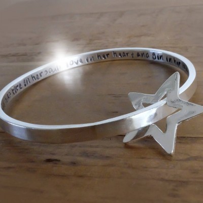 Chunky Personalised Sterling Silver Bangle with Silver Star, Silver Bangle with Floating Star, Bracelet with Star, Bangle with Star Charm
