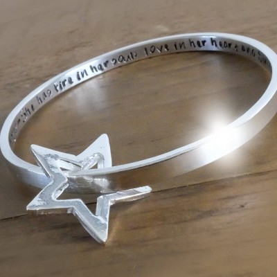 Chunky Personalised Sterling Silver Bangle with Silver Star, Silver Bangle with Floating Star, Bracelet with Star, Bangle with Star Charm