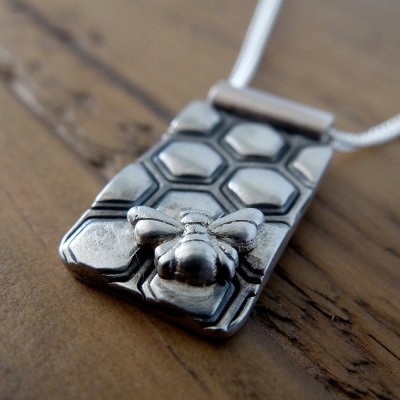 Honeycomb and Bee Necklace, Silver Honey Bee Necklace, Silver Bee Pendant, Bee Necklace, Bee Jewellery,  Honeycomb and Bee Necklace, Bees