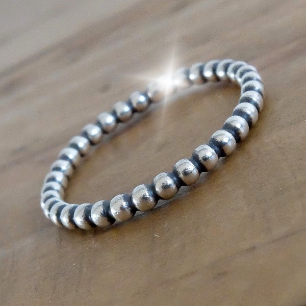 Oxidised Silver Ball Ring, Sterling Silver Bead Ring, Narrow Stacking Ring, Thin Stacking Ring, Silver Beaded Ring, Dainty Silver Ring