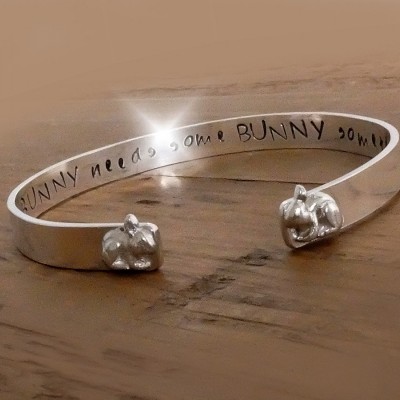 Personalised Silver Bangle with Rabbits, Personalised Narrow Bangle with Bunnies, Bracelet with Message, Valentines Gift, Rabbit Jewellery