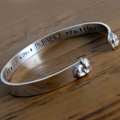 Personalised Silver Bangle with Rabbits, Personalised Narrow Bangle with Bunnies, Bracelet with Message, Valentines Gift, Rabbit Jewellery