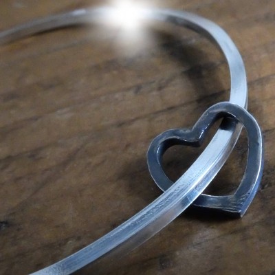 Rustic Sterling Silver Bangle with Oxidised Silver Heart, Silver Bangle with Floating Heart, Gifts for Her, Romantic Gift, Anniversary Gift