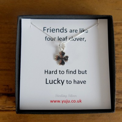 Silver Clover Necklace with Quote, Four Leaf Clover Necklace, Gift for Luck, Friend Keepsake, Friendship Gift, Friendship Keepsake