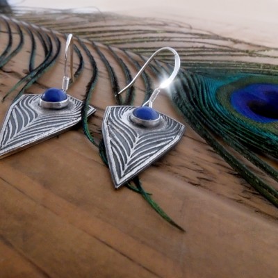 Silver Peacock Feather Earrings, Peacock Inspired Drop Earrings, Silver Feather Earrings with Lapis Gemstone, Artisan Earrings,